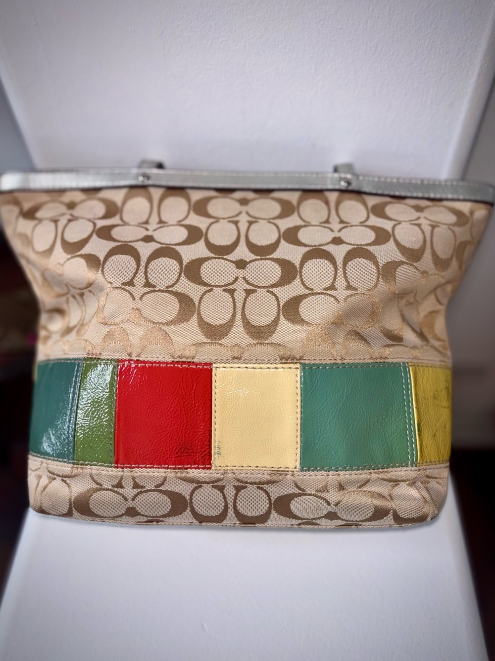 Coach Signature Stripe Tote Bag Khaki Multi Canvas Colorblock Tote Boho Chic - Picture 8 of 11